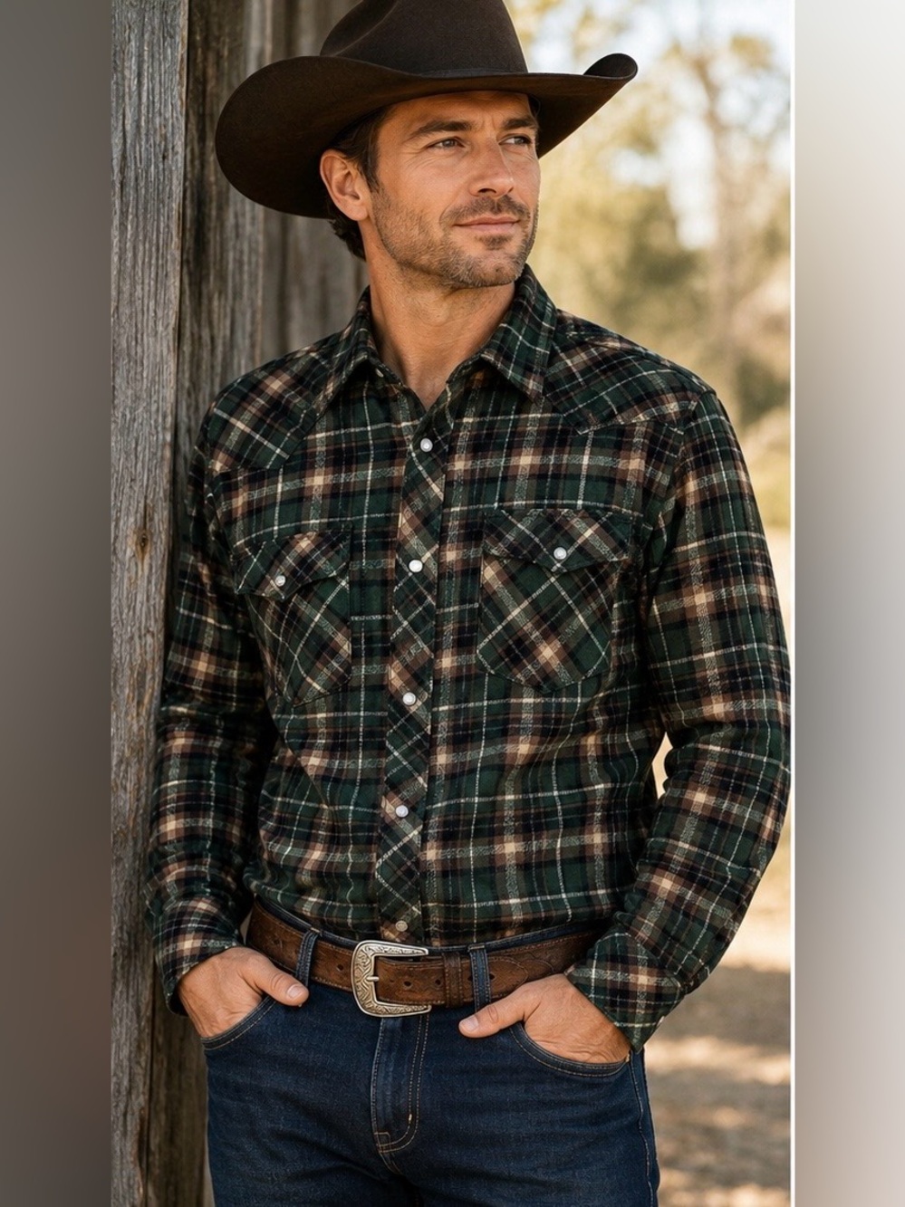 GIOBERTI Men’s western shirt Size Medium Earth to green and brown. Pearl snaps.